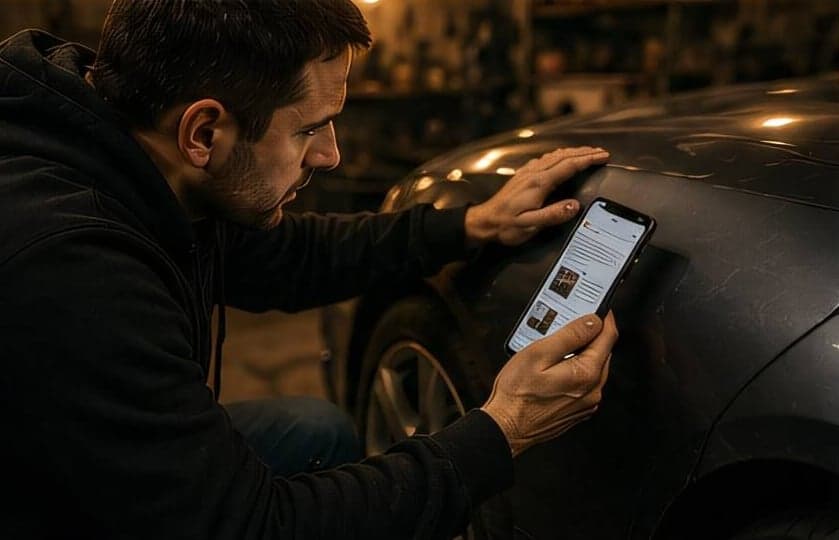Henkilö tarkistaa ohjeet puhelimesta samalla kun työskentelee auton parissa
